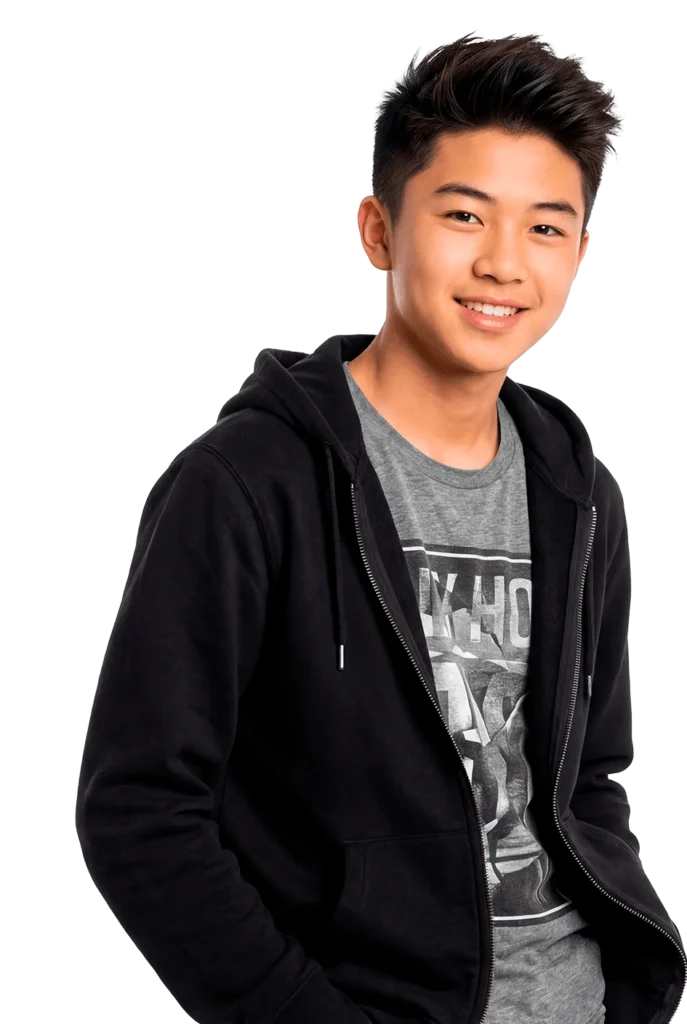 Teenage boy looking cool, smile slightly at the camera