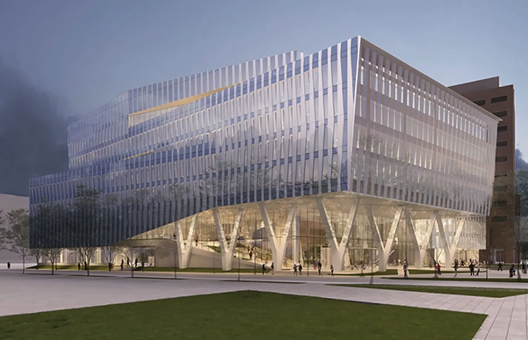 Entrance of modern glass building at the University of Colorado Denver