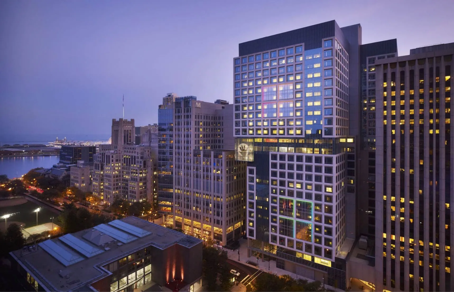 Evening shot of Lurie Children’s Hospital and some of downtown Chicago